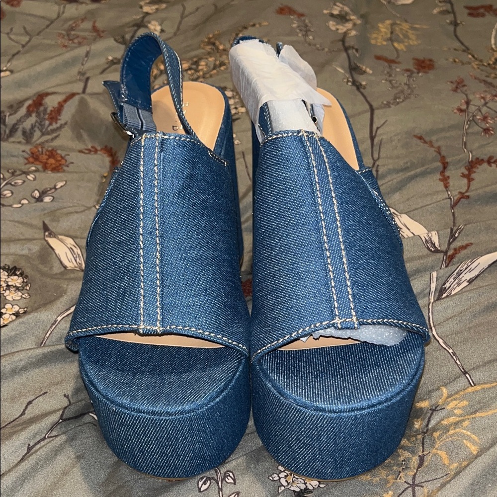 BAMBOO Denim Platform Slingback Heels - Blue